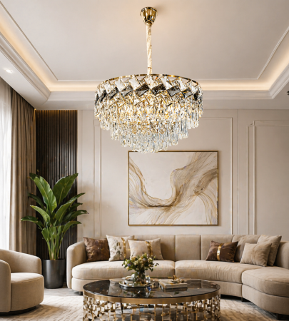 LUSTRE - Lustră 6664/500 GD, 9xE14, metal și sticlă imitație cristal, auriu/alb/fumuriu, 50x40x90 cm – elegantă și modernă
