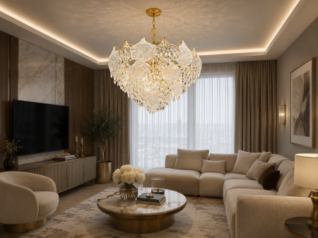 LUSTRE - Lustră 6735 aurie cu sticlă tip cristal, disponibilă Ø50 cm și Ø80 cm