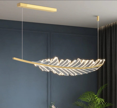 LUSTRE - Lustră 7027, design frunză, LED 3 culori cu telecomandă, metal auriu și acril, 120x20 cm