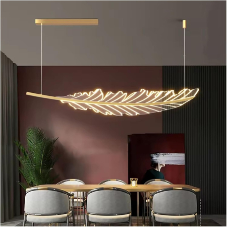 Lustră 7027, design frunză, LED 3 culori cu telecomandă, metal auriu și acril, 120x20 cm [2]