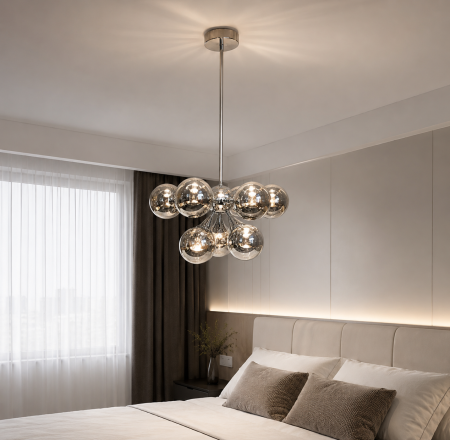 LUSTRE - Lustră 8216/9 CH cu abajur fumuriu, 9 becuri E14, metal crom