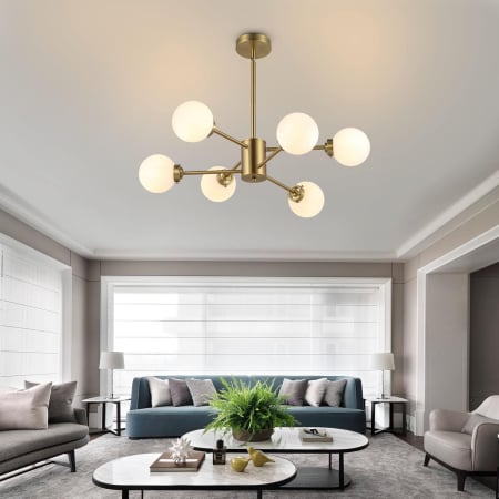 LUSTRE - Lustră 9208/3+3 CP, metal auriu cu globuri albe mate, 6 surse de lumină, diametru 90 cm