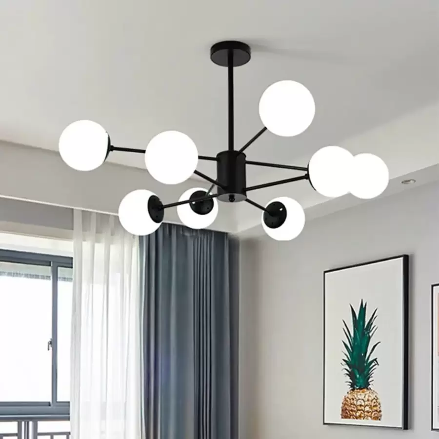 Lustră 9208/4+4 metal negru, globuri sticlă alb mat, 8 becuri E27, Ø90 cm [2]