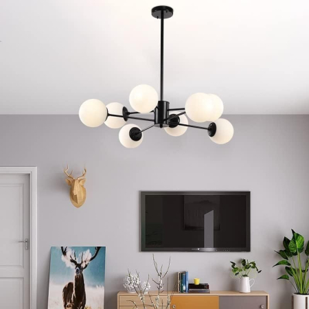 Lustră 9208/4+4 metal negru, globuri sticlă alb mat, 8 becuri E27, Ø90 cm [1]