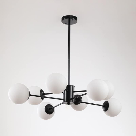 Lustră 9208/4+4 metal negru, globuri sticlă alb mat, 8 becuri E27, Ø90 cm [3]