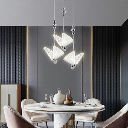 LUSTRE - Lustra 985/3 CH, metal argintiu și sticlă, fluture, LED 36W, reglabilă – bucătărie, living, dormitor, spații publice