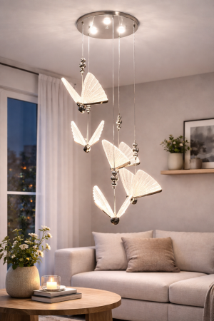 LUSTRE - Lustra 985/5 CH – Lustră modernă tip fluture cu 5 pendule reglabile și LED cu 3 culori de lumină