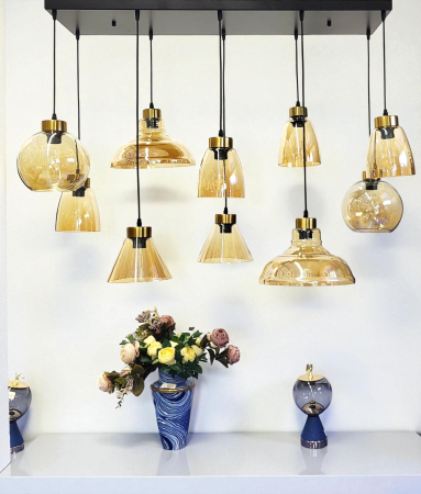 LUSTRE - Lustră HJ2371/10H cu 10 pendule sticlă aurie, metal negru/auriu, prindere 100x30 cm, reglabilă