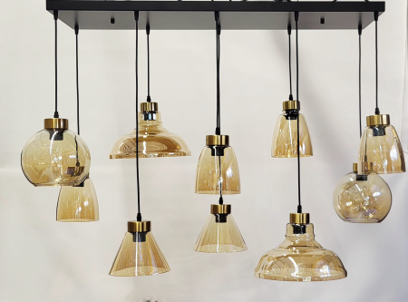 Lustră HJ2371/10H cu 10 pendule sticlă aurie, metal negru/auriu, prindere 100x30 cm, reglabilă [1]