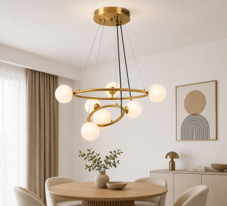 LUSTRE - Lustră HJ9222/7D – 7 becuri, metal auriu și sticlă albă mată