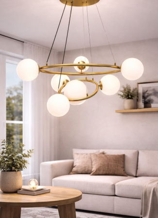 LUSTRE - Lustră HJ9222/7D – 7 becuri, metal auriu și sticlă albă mată