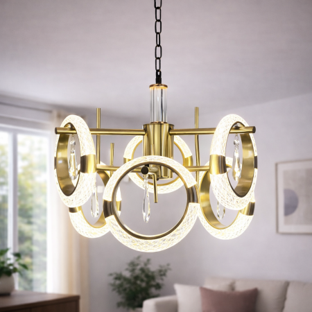 PROMOTII - Lustră LED 210501/3+3 – 6 Cercuri Acrilice, 60W, 3 Tipuri de Lumină, Finisaj Auriu, Ø40cm