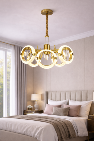 LUSTRE - Lustră LED 210501/5 – 5 Cercuri Acrilice cu Cristale, 50W, Ø50 cm, 3 Tipuri de Lumină, Auriu