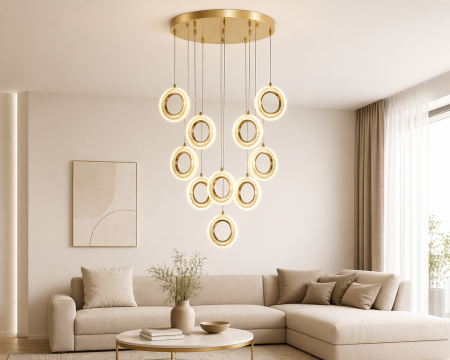 LUSTRE - Lustră LED 229/10 – inele acril și metal auriu, lumină caldă, rece și neutră, 140W, design modern și elegant
