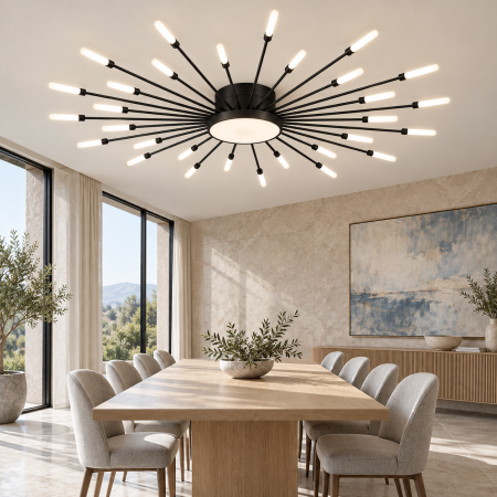 LUSTRE - Lustră LED 2429/30 aurie, formă solară, 30 de tije și LED central