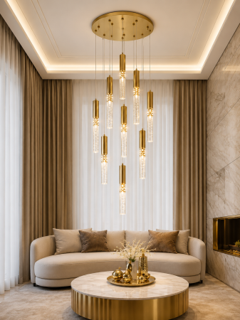 LUSTRE - Lustră LED 5003/9 GD, 9 pendule sticlă, auriu, 30W, 3 tipuri lumină, înălțime reglabilă 170 cm