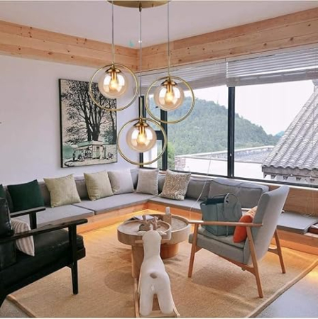 LUSTRE - Lustră modernă 1122/3 GD+AM cu structură metalică aurie și globuri din sticlă ambra, 3 x E27