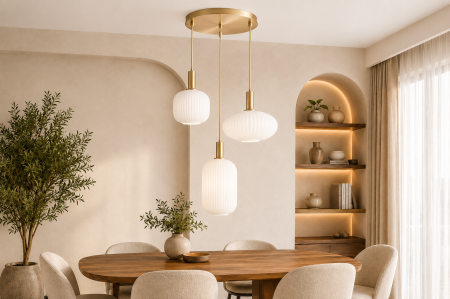 LUSTRE - Lustră Modernă 2623 ABC Auriu Satinat cu 3 Abajururi din Sticlă Opală Striată