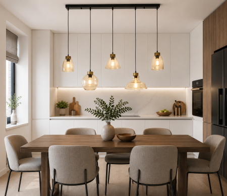 Lustră pendul 2371/5 din metal negru cu abajururi din sticlă aurie, 5 surse E27, suport tavan 100 cm