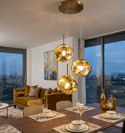 LUSTRE - Lustră suspendată 3146/3 – 3 abajururi din sticlă fumurie sau aurie, înălțime reglabilă, E27