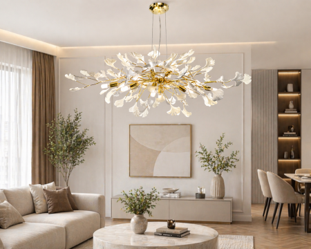 LUSTRE - Lustră suspendată modernă 9080 cu design floral, metal auriu și acril alb, 80–120 cm