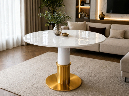 MASUTE CAFEA - Masă 072 rotundă cu blat marmură albă și picior alb-auriu elegant