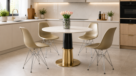 SCAUNE SI MESE - Masă 072 rotundă blat alb marmură, bază aurie și picior negru design modern