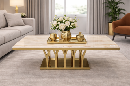 SCAUNE SI MESE - Masa 106 masa living dreptunghiulara metal auriu blat compozit marmura 130x70 cm