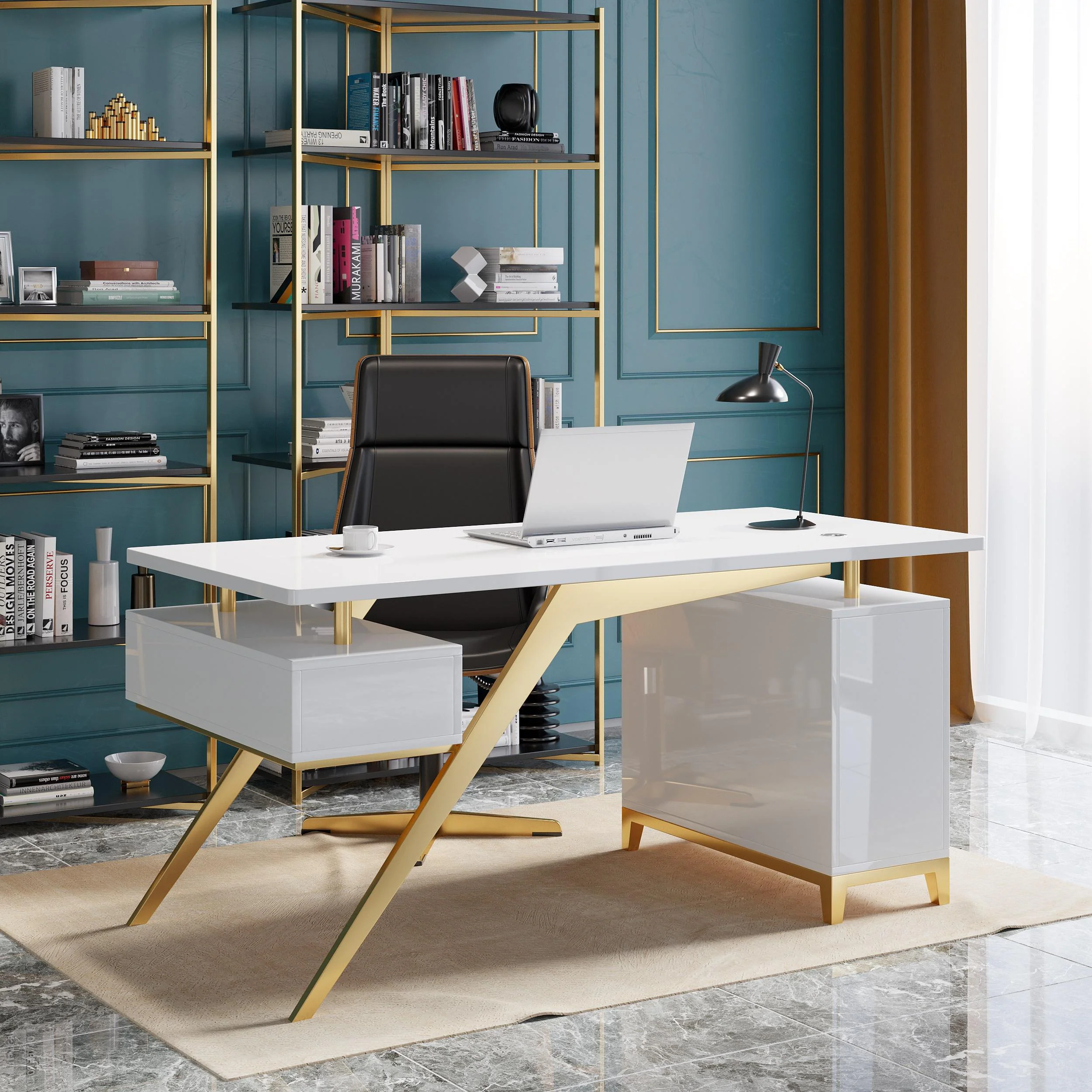 Birou 807 Alb, MDF lucios și picioare metal aurii, 160x70x75 cm / 180x70x75 cm [1]