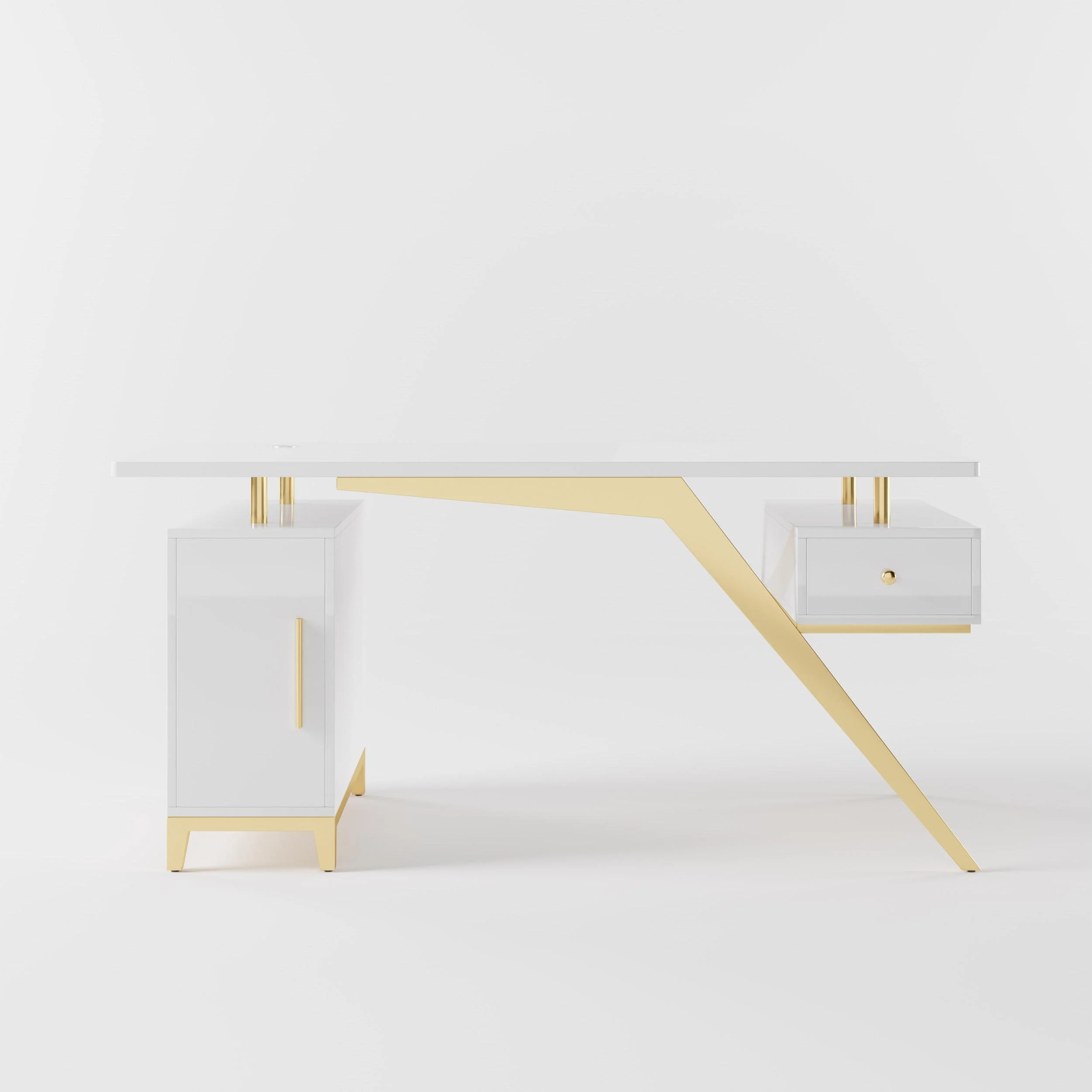 Birou 807 Alb, MDF lucios și picioare metal aurii, 160x70x75 cm / 180x70x75 cm [5]