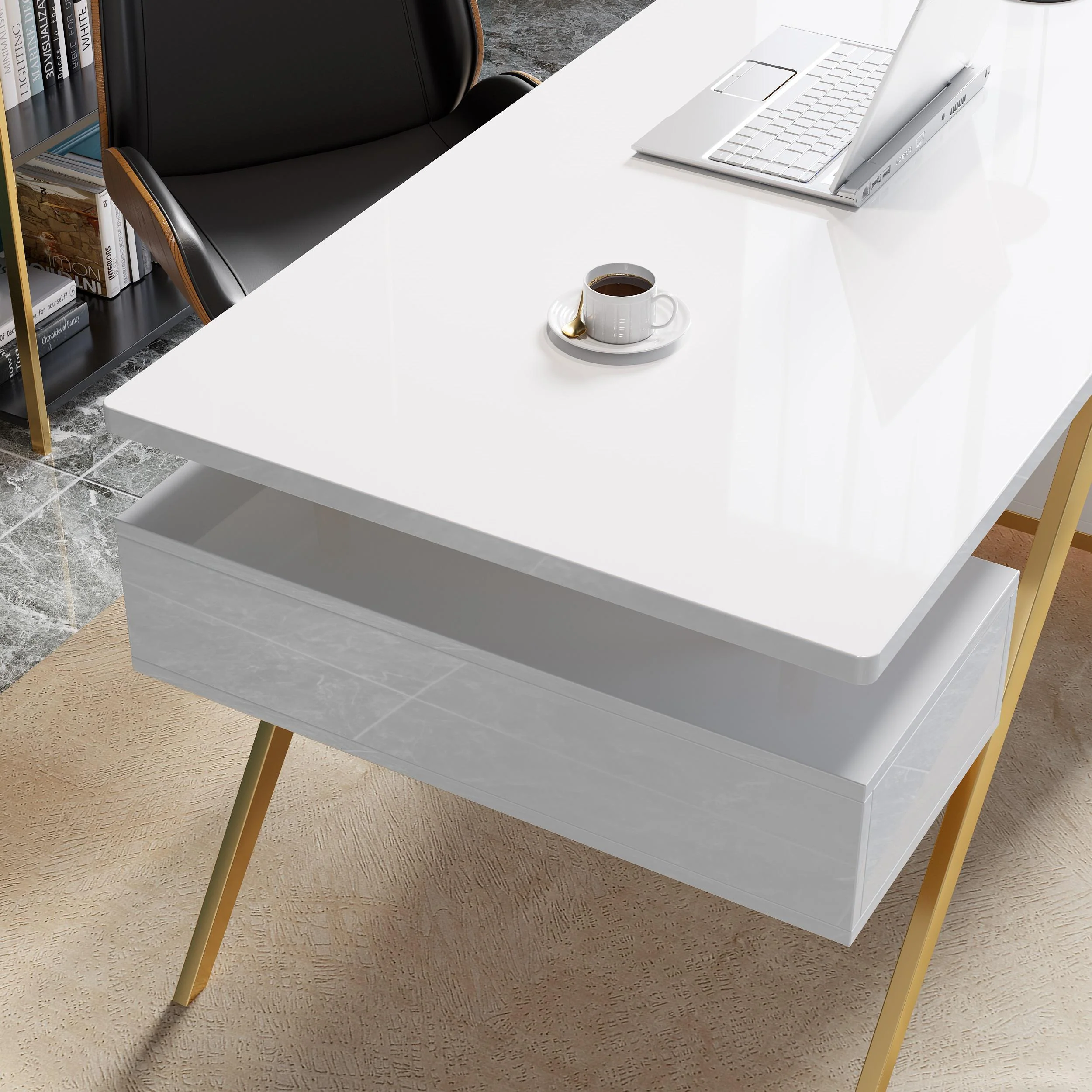 Birou 807 Alb, MDF lucios și picioare metal aurii, 160x70x75 cm / 180x70x75 cm [6]