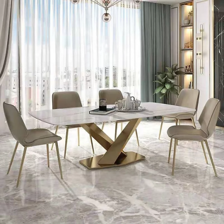 SCAUNE SI MESE - Masa 608 GD, blat alb mat din compozit de marmură, picioare metalice aurii, 180x90 cm