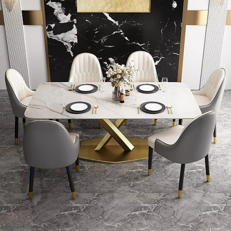 Masa 608 GD, blat alb mat din compozit de marmură, picioare metalice aurii, 180x90 cm [2]
