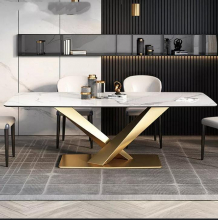 Masa 608 GD, blat alb mat din compozit de marmură, picioare metalice aurii, 180x90 cm [1]