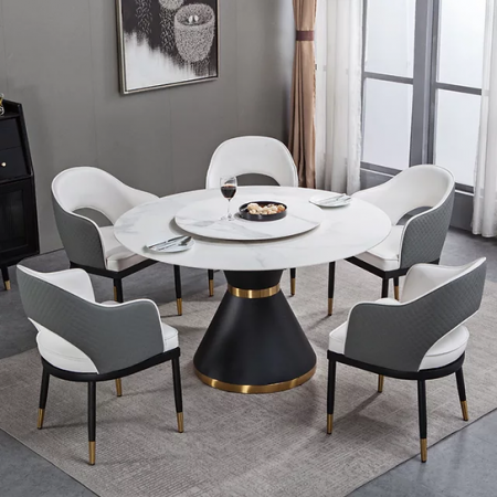 SCAUNE SI MESE - Masa 615 BK, blat rotund marmură, picior metal negru cu accente aurii, 135/80 cm