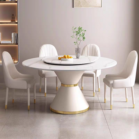 SCAUNE SI MESE - Masa 615 WH, blat rotund marmură, picior metal alb cu accente aurii, 135/80 cm
