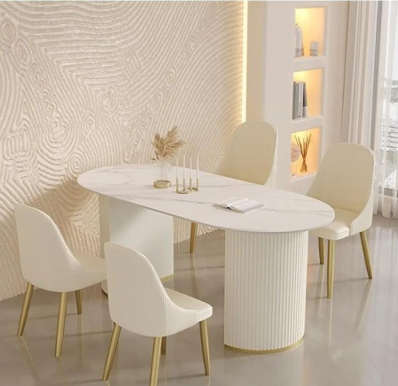 MOBILIER - Masă 689 ovală, marmură crem cu picioare aurii, L180x90 cm
