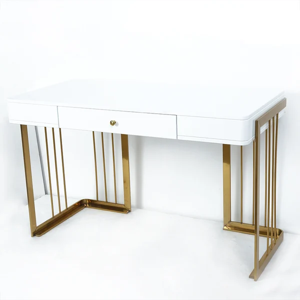 MOBILIER - Masă 805, birou MDF lucios alb cu bază metal auriu și sertar, 160x60 cm