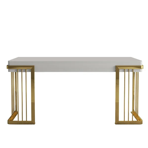 Masă 805, birou MDF lucios alb cu bază metal auriu și sertar, 160x60 cm [2]