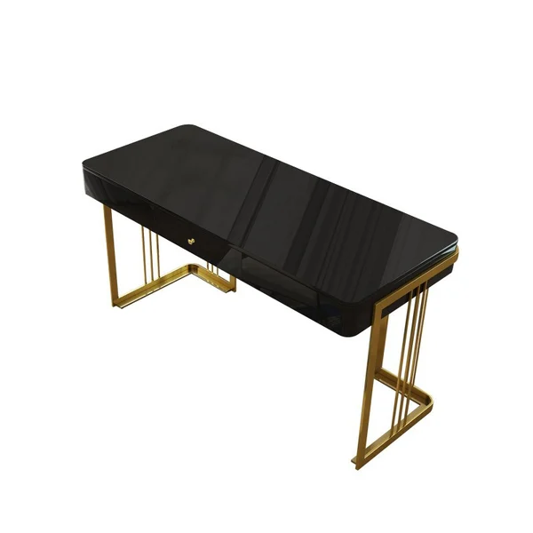 MOBILIER - Masă 805, birou MDF lucios negru cu bază metal auriu și sertar, 160x60 cm
