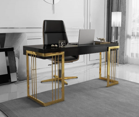 Masă 805, birou MDF lucios negru cu bază metal auriu și sertar, 160x60 cm [1]