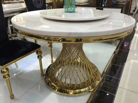Masa rotundă A617 RD, blat marmură compozit lucios, picior metal auriu, diametru 130 cm [1]