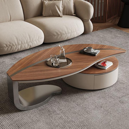 MOBILIER - Masă de cafea model A003, două piese, blat lemn maro-bej și picior metalic argintiu