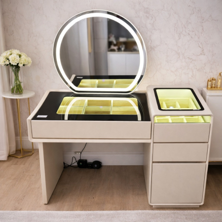 MOBILIER - Masă de machiaj 659 bej din MDF cu oglindă LED integrată, blat din sticlă securizată, comodă cu sertare și seif