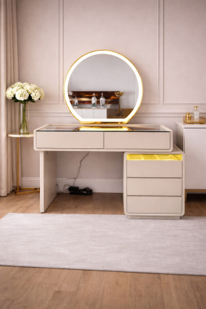 MOBILIER - Masă de toaletă 660 bej din MDF cu oglindă LED integrată, blat din sticlă securizată și noptieră cu sertare