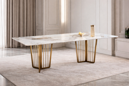 SCAUNE SI MESE - Masă Dining 656 – Blat Marmură Compozit & Picioare Metalice Aurii