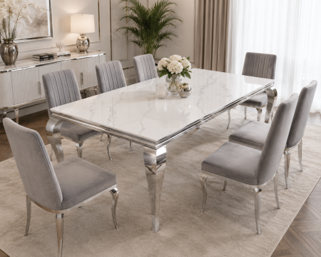 SCAUNE SI MESE - Masă dining 80199 crom argintiu cu blat din marmură albă, stil baroc modern, 180 x 90 cm