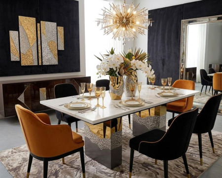 SCAUNE SI MESE - Masă dining 180x90 cu blat marmorat și bază tricoloră aurie argintie gri