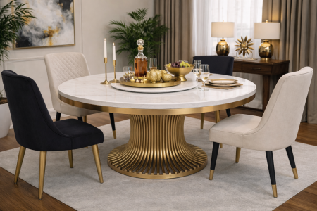 SCAUNE SI MESE - Masă rotundă dining 150 cm cu blat rotativ – marmură compozit și bază metal auriu – model 275-150 GD H75