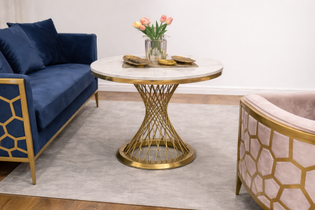 MASUTE CAFEA - Masă rotundă model 109, metal auriu cu blat marmură compozit, bază decorativă, diametru 80 cm, înălțime 73 cm